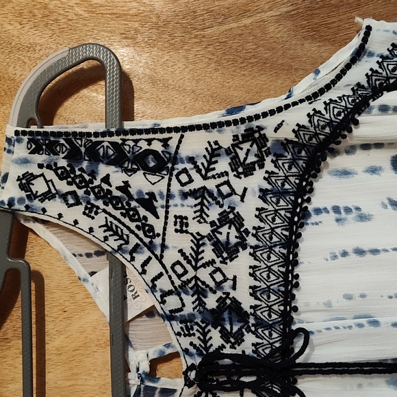 Knox Rose Boho Tie-Dye Chiffon Babydoll Dress Navy White Embroidered Tassels XXL - Picture 3 of 13